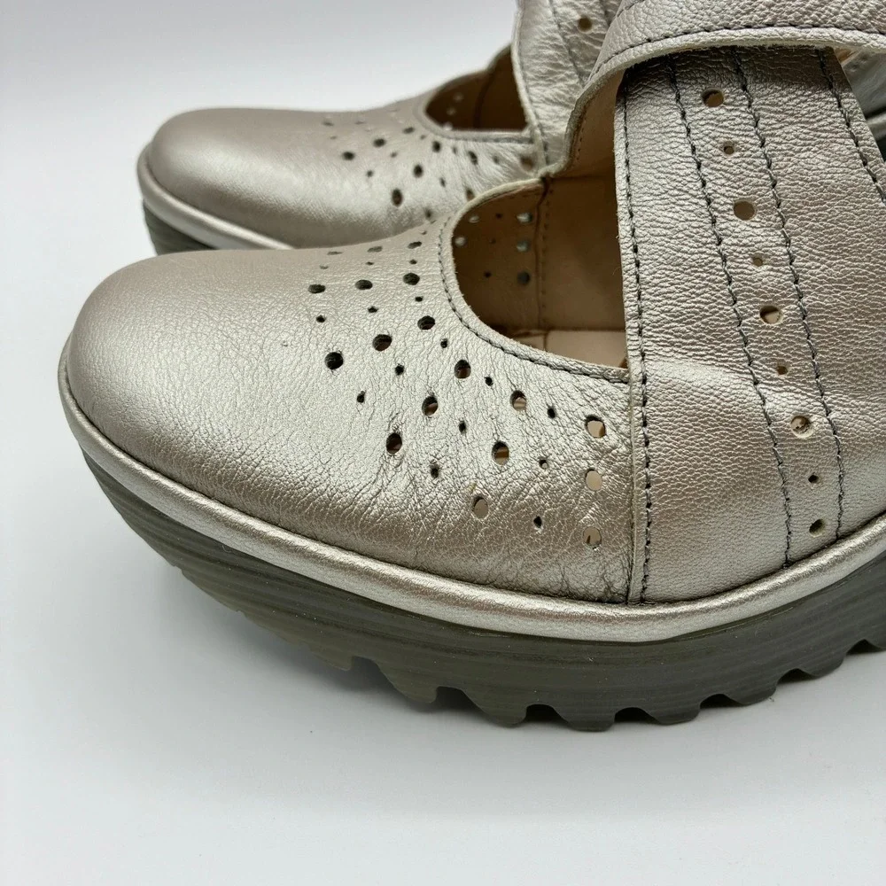 Fly London Yepe Wedge Sandals Womens 38 7.5-8 Gold Leather Perforated Mary Jane